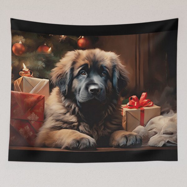 Item preview, Leonberger puppy at Christmas under the Christmas tree with gifts designed and sold by WallyPink.