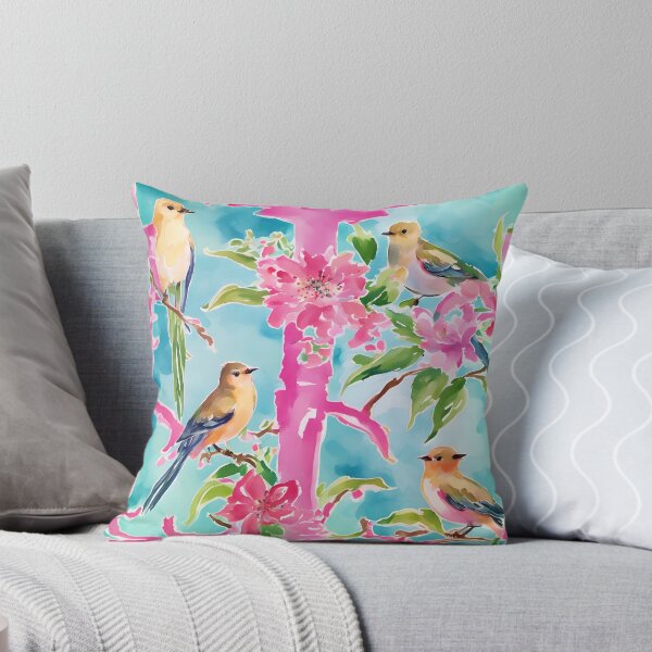 Item preview, Pink and turquoise preppy birds on trellis watercolor designed and sold by SophieClimaArt.