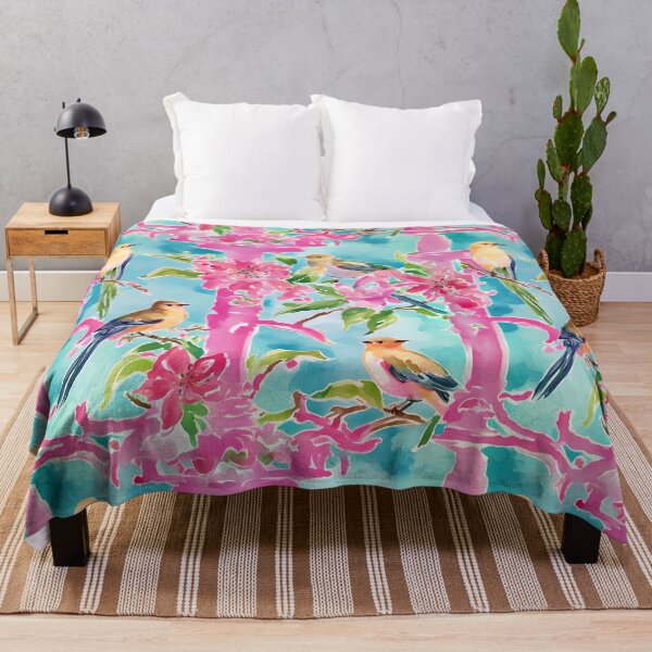 Item preview, Pink and turquoise preppy birds on trellis watercolor designed and sold by SophieClimaArt.