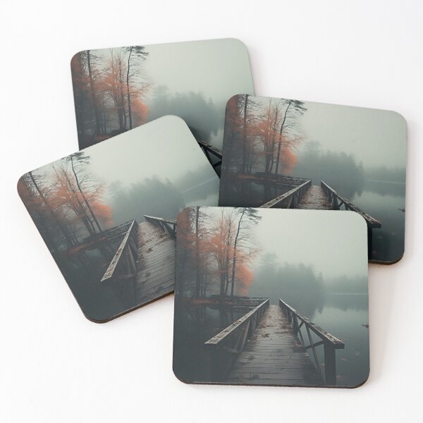 Item preview, Wooden dock near a lake on a foggy day art print designed and sold by dcrc.