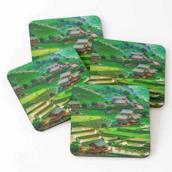 Item preview, Rice Farm Fields Anime Digital Art Landscape Trees Japanese designed and sold by YabaiArts.