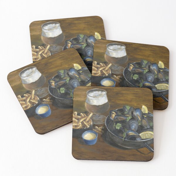 Item preview, Mussels with beer and chips oil painting designed and sold by Astridsart-nl.