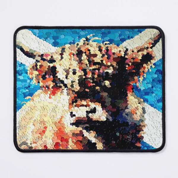 Item preview, Highland cow with the scottish flag, blue and red image, edited oil painting by Marina Daniluka designed and sold by MariDaniArt.