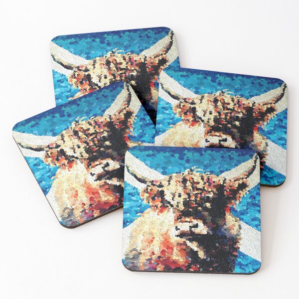 Item preview, Highland cow with the scottish flag, blue and red image, edited oil painting by Marina Daniluka designed and sold by MariDaniArt.