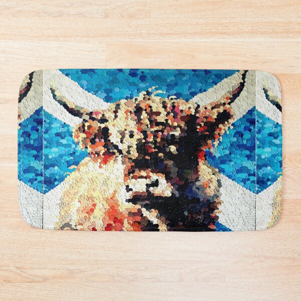 Item preview, Highland cow with the scottish flag, blue and red image, edited oil painting by Marina Daniluka designed and sold by MariDaniArt.