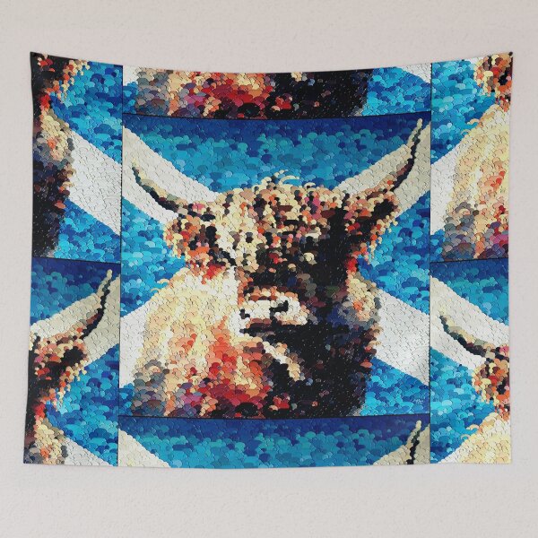 Item preview, Highland cow with the scottish flag, blue and red image, edited oil painting by Marina Daniluka designed and sold by MariDaniArt.