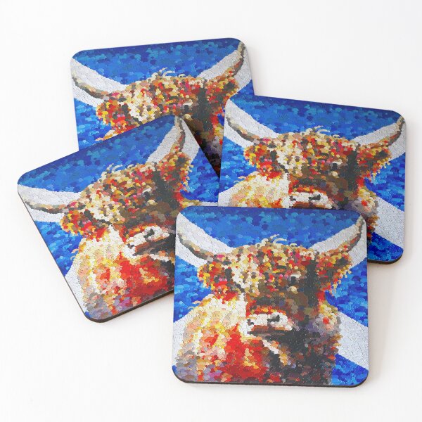 Item preview, Highland cow with the scottish flag, blue and red image, edited oil painting by Marina Daniluka designed and sold by MariDaniArt.