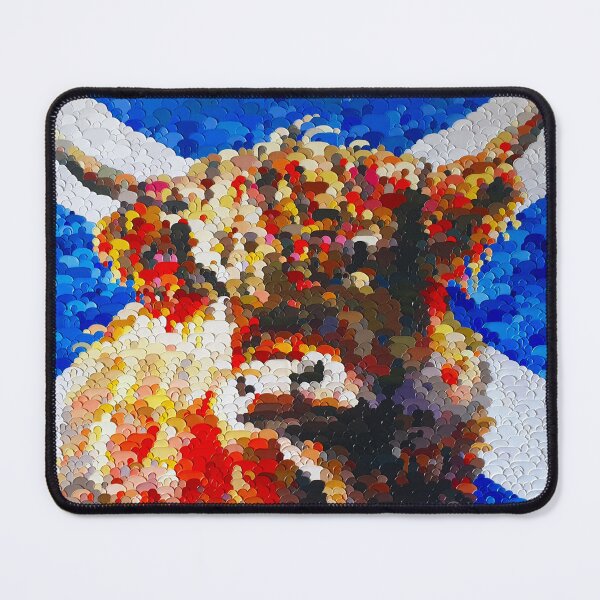 Item preview, Highland cow with the scottish flag, blue and red image, edited oil painting by Marina Daniluka designed and sold by MariDaniArt.