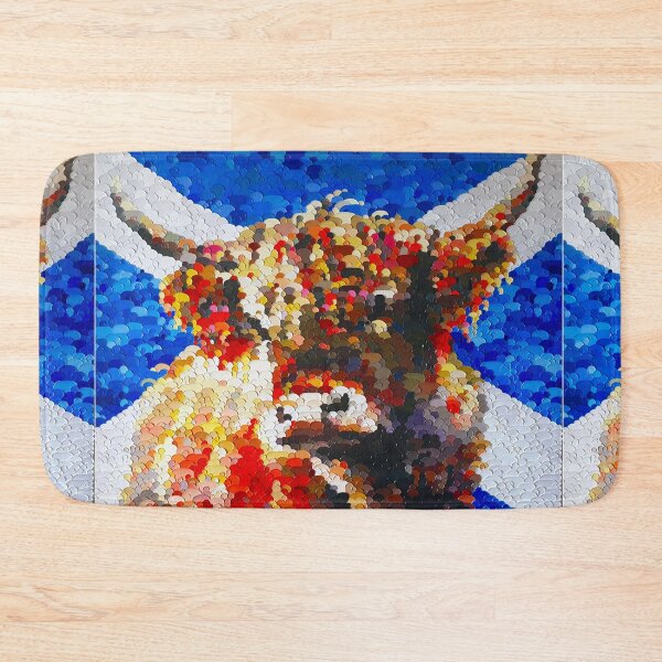 Item preview, Highland cow with the scottish flag, blue and red image, edited oil painting by Marina Daniluka designed and sold by MariDaniArt.