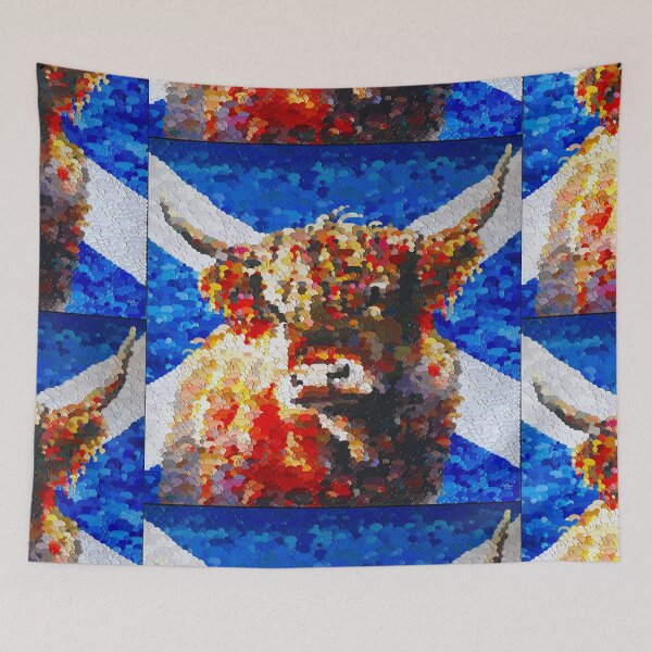 Item preview, Highland cow with the scottish flag, blue and red image, edited oil painting by Marina Daniluka designed and sold by MariDaniArt.