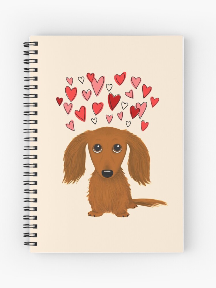 Cute Longhaired Red Dachshund Cartoon Dog With Hearts Spiral