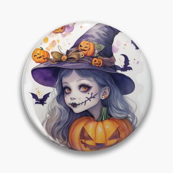 Item preview, Young cheerful witch in a dark hat with smiling pumpkins designed and sold by desinganddecor.