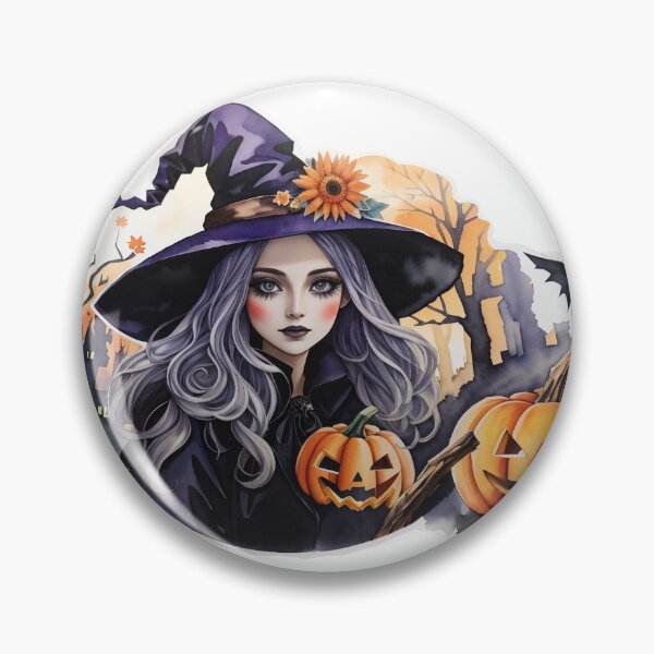 Item preview, Young charming witch in dark clothes with pumpkins standing in front of a scary castle on halloween evening designed and sold by desinganddecor.