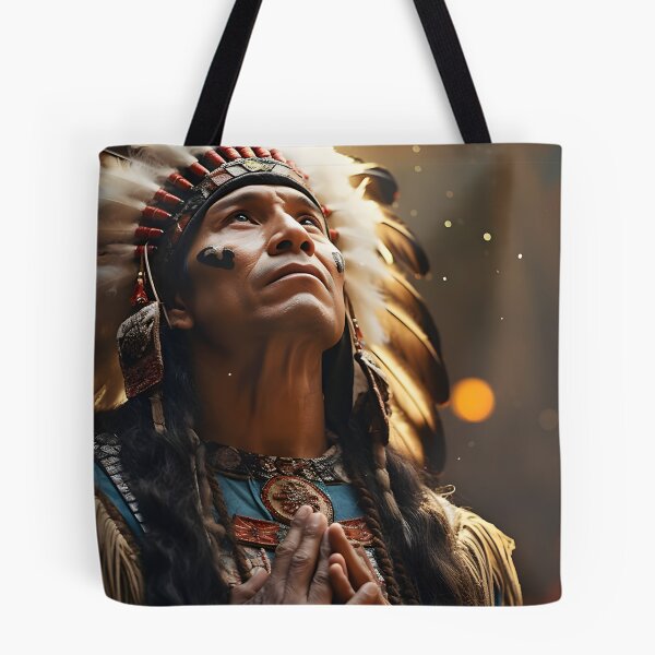 Item preview, Indian chief dressed in feathers and praying in the style of movie stills designed and sold by AI-Only Creations.