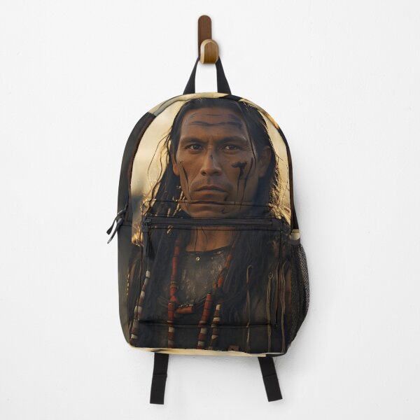 Item preview, A photograph of an Indian warrior in native attire with long hair in the style of movie stills designed and sold by AI-Only Creations.