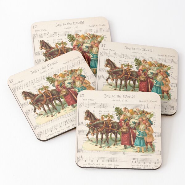 Item preview, Santa Claus with 3 children next to a sleigh with 2 horses and gifts on vintage music sheet  "Joy to the world" designed and sold by LibbyNewton.