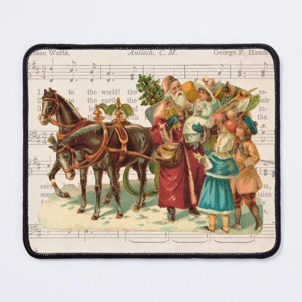 Item preview, Santa Claus with 3 children next to a sleigh with 2 horses and gifts on vintage music sheet "Joy to the world" designed and sold by LibbyNewton.