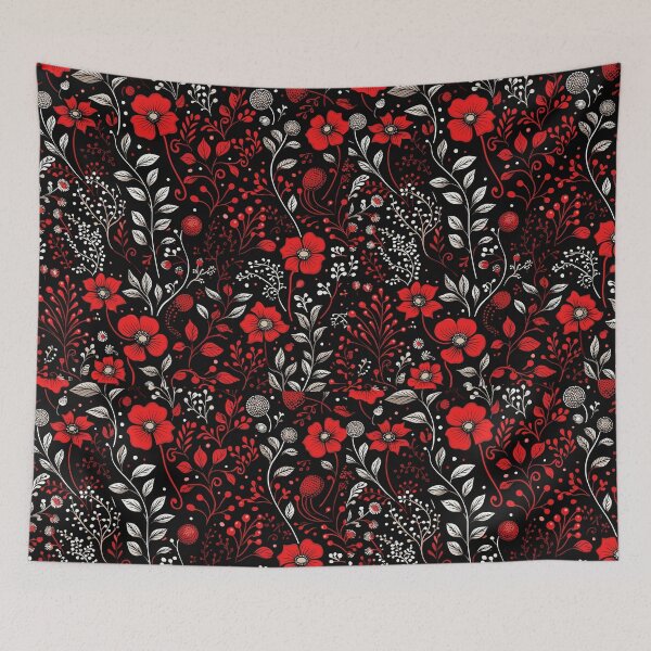 Item preview, Red and black Monochrome floral pattern designed and sold by Ellimade.