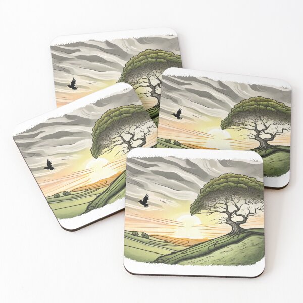 Item preview, Cartoon and Green Sycamore Gap with Beautiful and Colorful Sunset designed and sold by SwanAndStone.