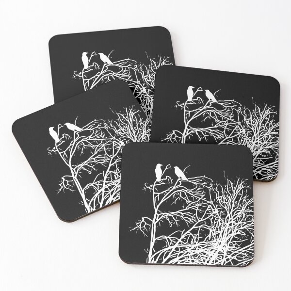 Winter Ravens - White On Black Coasters (Set of 4)