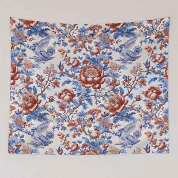 Item preview, Modern take on traditional French toile in blue and red designed and sold by SophieClimaArt.