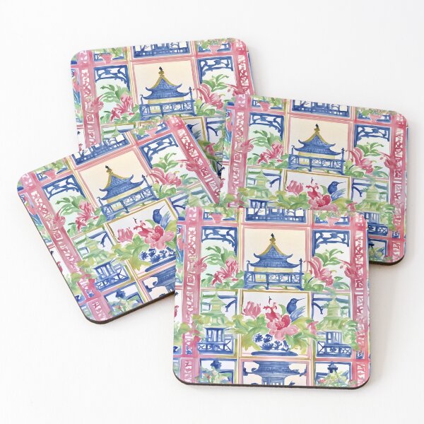 Item preview, Preppy trellis chinoiserie pagodas, flowers and birds designed and sold by SophieClimaArt.