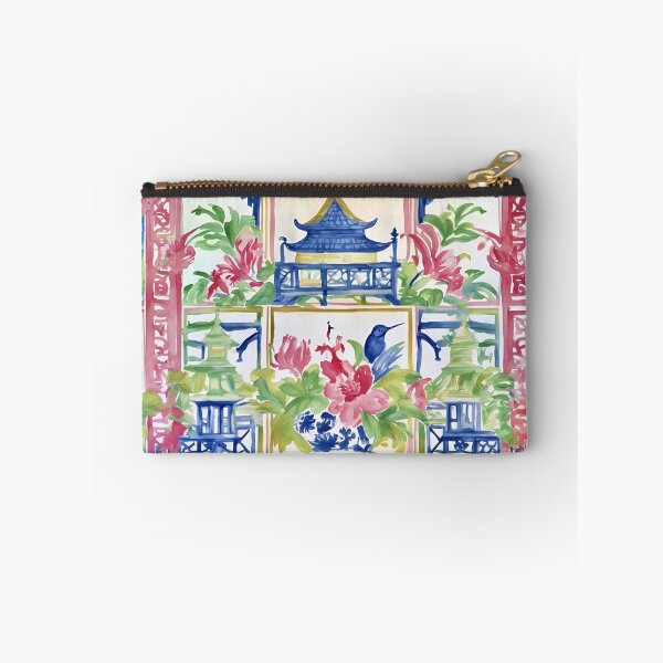 Item preview, Preppy trellis chinoiserie pagodas, flowers and birds designed and sold by SophieClimaArt.