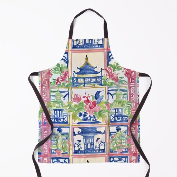 Item preview, Preppy trellis chinoiserie pagodas, flowers and birds designed and sold by SophieClimaArt.