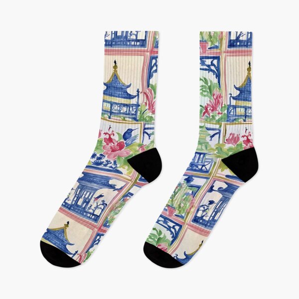Item preview, Preppy trellis chinoiserie pagodas, flowers and birds designed and sold by SophieClimaArt.