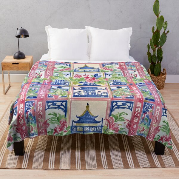 Item preview, Preppy trellis chinoiserie pagodas, flowers and birds designed and sold by SophieClimaArt.