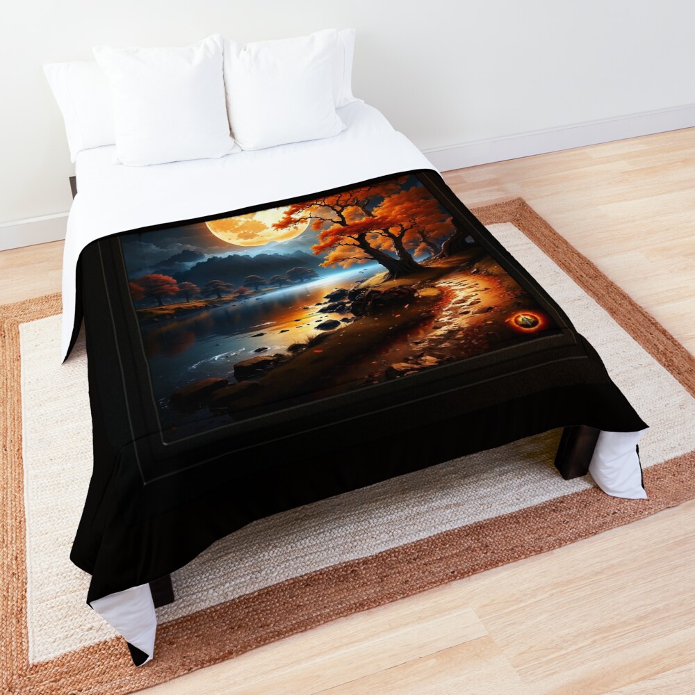 The Enchanted Realm Of The Orange Moon Beautiful AI Concept Art by Xzendor7 Decorative Comforter Art Print