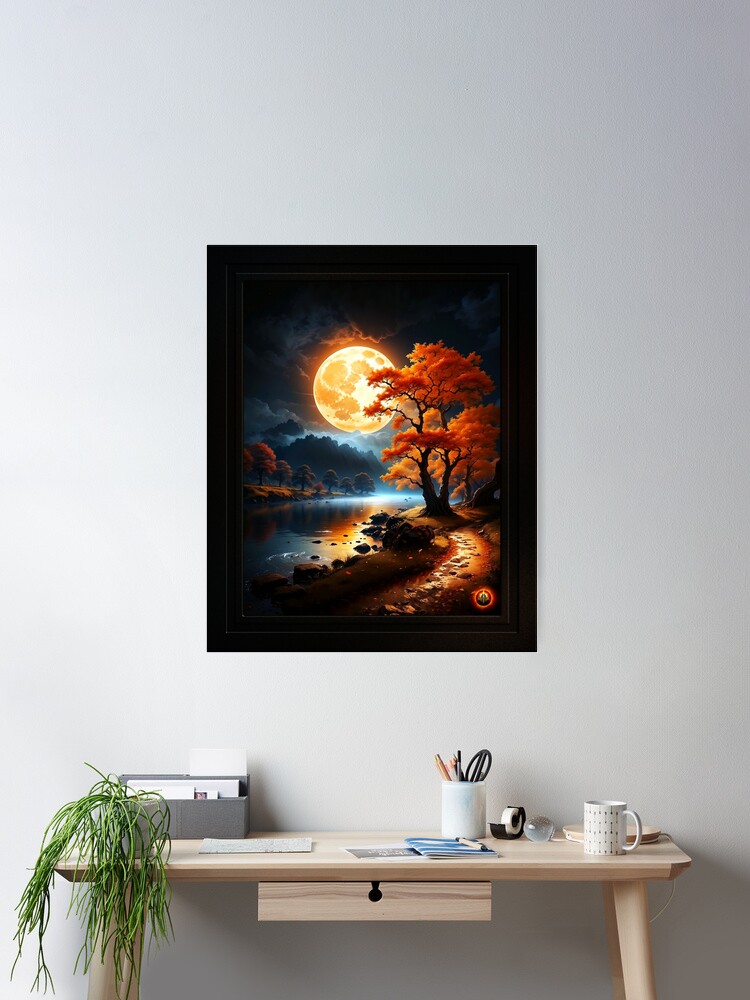 The Enchanted Realm Of The Orange Moon Beautiful AI Concept Art by Xzendor7 Wall Decor Poster Print