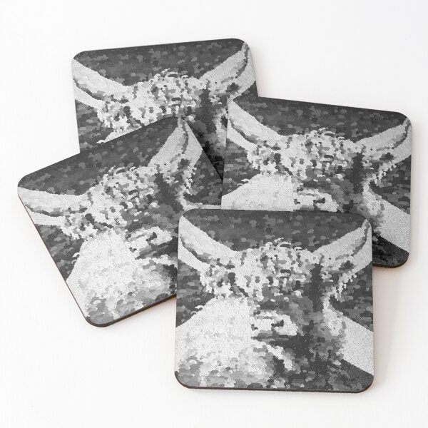 Item preview, Highland cow with the scottish flag, black and white image, edited oil painting by Marina Daniluka designed and sold by MariDaniArt.