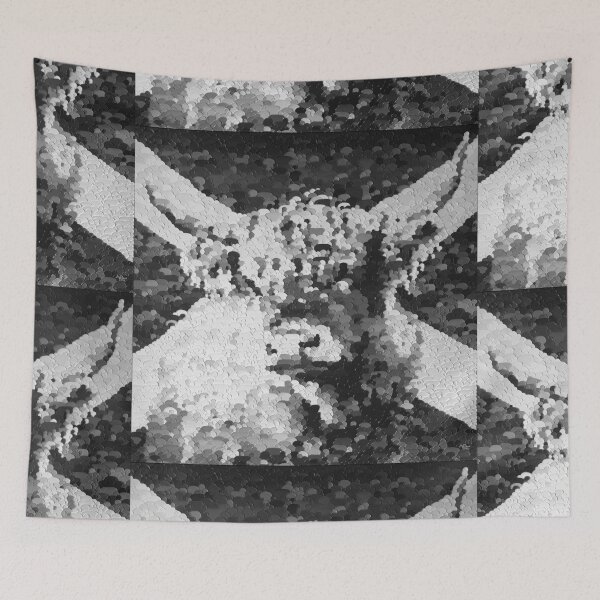 Item preview, Highland cow with the scottish flag, black and white image, edited oil painting by Marina Daniluka designed and sold by MariDaniArt.