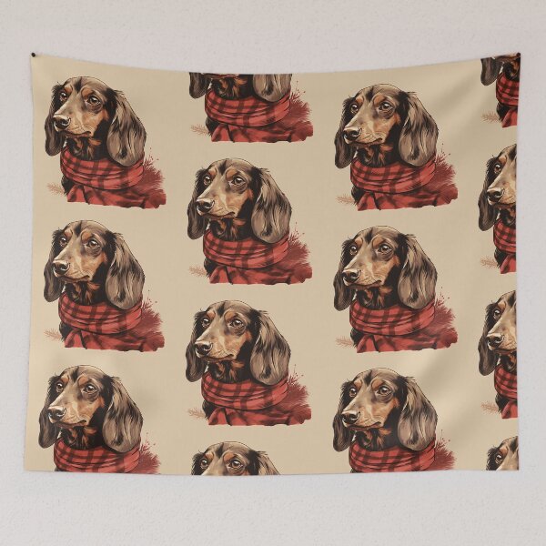 Aperçu de l'œuvre Chocolate and Tan Dachshund Christmas Plaid Watercolor créée et vendue par rafaeltto.