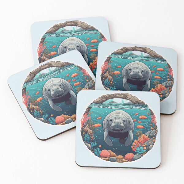 Item preview, Cute manatee swimming around corals  designed and sold by WildStudiio.