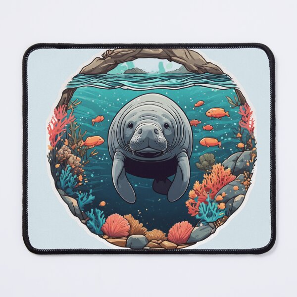 Item preview, Cute manatee swimming around corals  designed and sold by WildStudiio.
