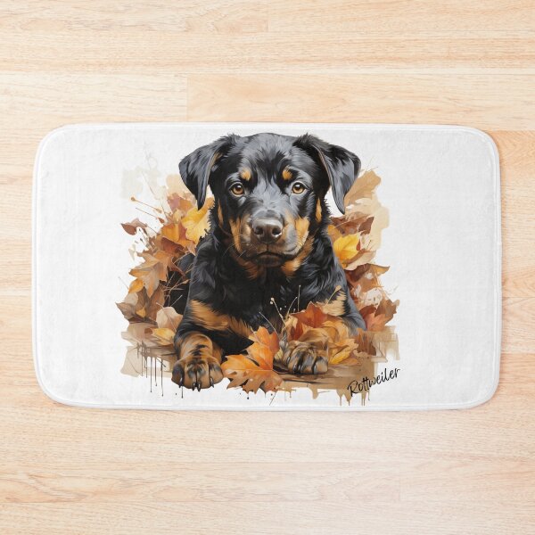 Item preview, Rottweiler pup among fall leaves designed and sold by Lewis-mart.