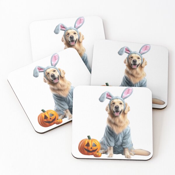 Item preview, Golden Retriever Dressed up as Blue Bunny with Halloween Pumpkins Cute Dog designed and sold by ElegantTeaTime.