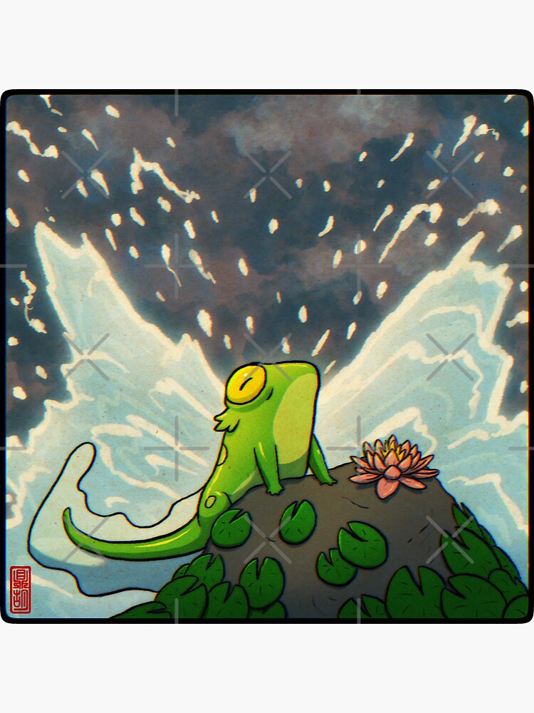 Thumbnail 3 of 3, Sticker, frog mermaid on lilypad rock art designed and sold by DingHuArt.