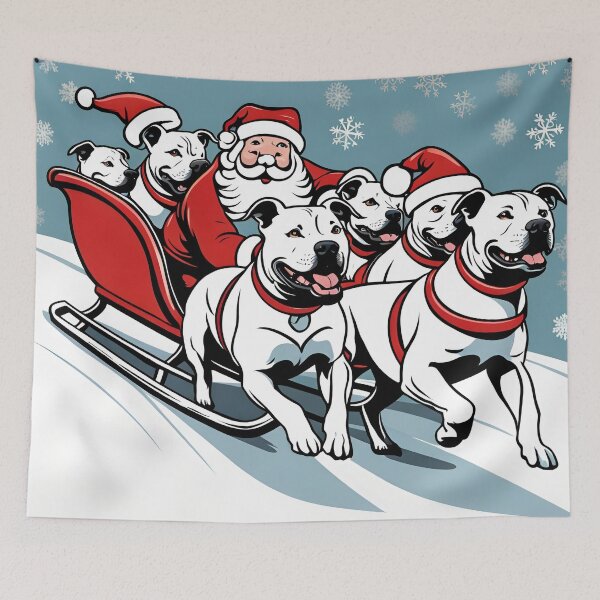 Item preview, Staffordshire Bull Terriers Pulling Santa's Sleigh designed and sold by Ameiva-Apparel.