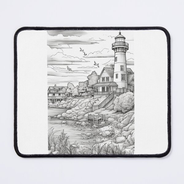 Item preview, Lighthouse monochrome rocky shore boat coastline drawing designed and sold by TheRightHonMP.