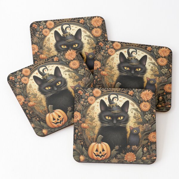 Item preview, Vintage Halloween scene black cat mouse pumpkin flowers designed and sold by GrinGalore.