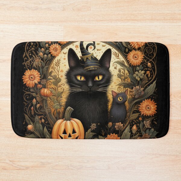 Item preview, Vintage Halloween scene black cat mouse pumpkin flowers designed and sold by GrinGalore.
