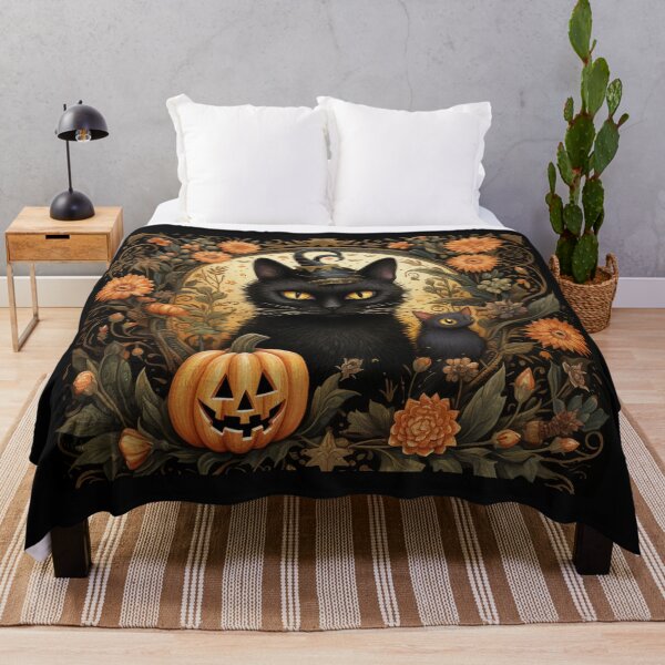 Item preview, Vintage Halloween scene black cat mouse pumpkin flowers designed and sold by GrinGalore.
