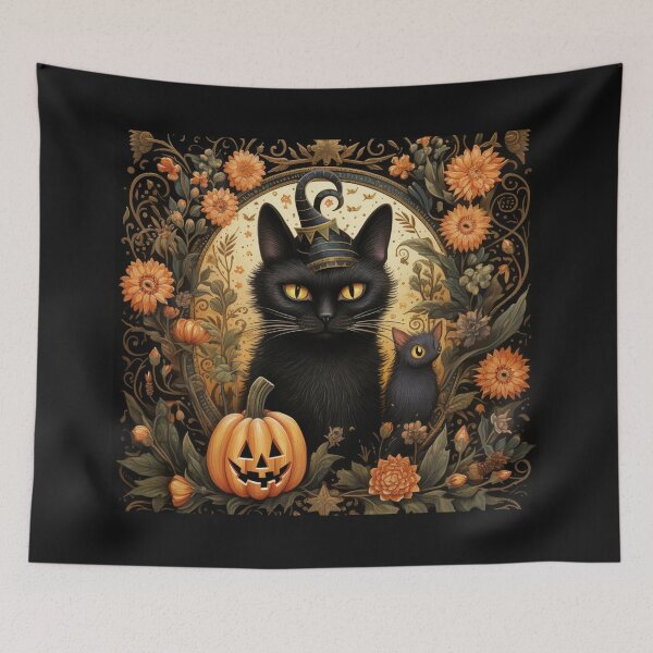 Item preview, Vintage Halloween scene black cat mouse pumpkin flowers designed and sold by GrinGalore.