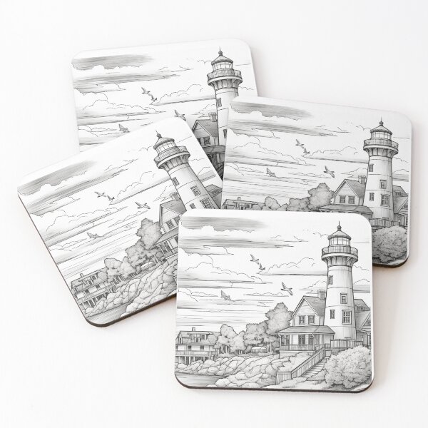 Item preview, Lighthouse monochrome rocky shore boat coastline drawing designed and sold by TheRightHonMP.
