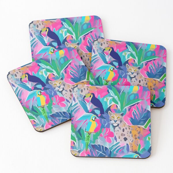 Item preview, Cheetah, toucan and macaw parrot in colourful preppy jungle designed and sold by SophieClimaArt.