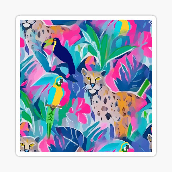 Item preview, Cheetah, toucan and macaw parrot in colourful preppy jungle designed and sold by SophieClimaArt.