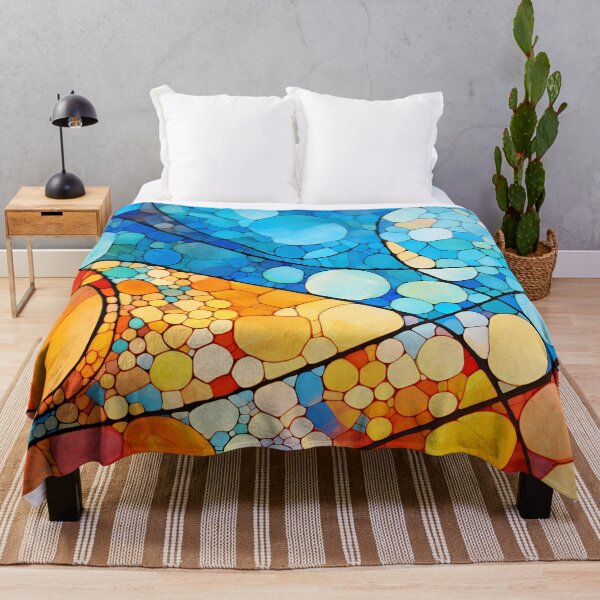 Item preview, Blue and orange beach watercolor mosaic Barcelona Gaudi inspired art | Spain Mediterranean sea watercolor mosaic designed and sold by LolioGifts.